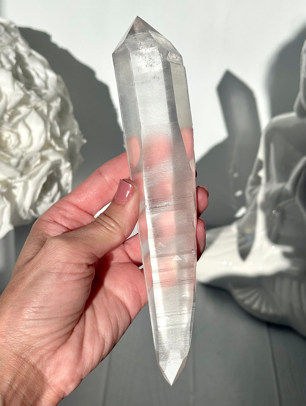 Thumbnail: 7.6” High Quality DT Lemurian Quartz Point with Isis Face, Linear Ridges