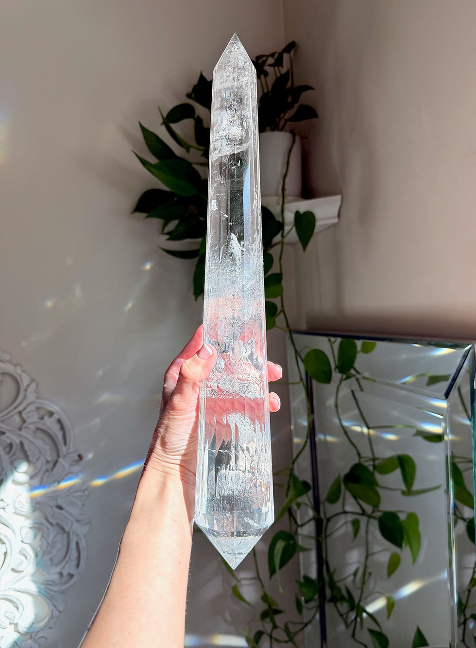 Thumbnail: 17” , 1.782kg DT Faceted Lemurian Quartz with Rainbows - Stand Included - Brazil