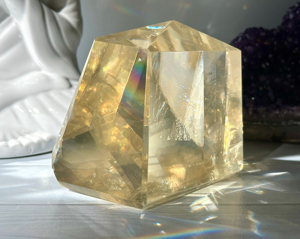 Thumbnail: 3.8", 1.325kg Extra Quality Optical Honey Calcite Filled with Rainbows