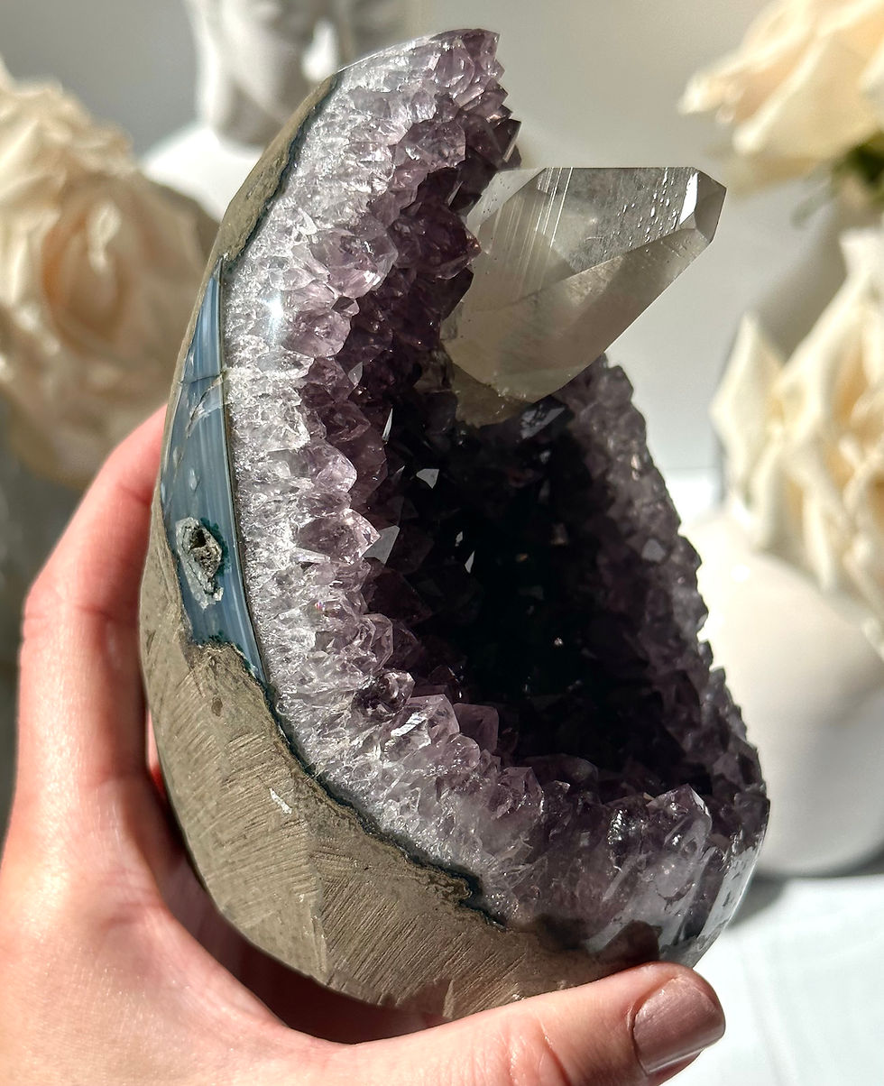 Thumbnail: 1kg , 4.5” VERY RARE Amethyst Stand with Etched Calcite Point - Uruguay
