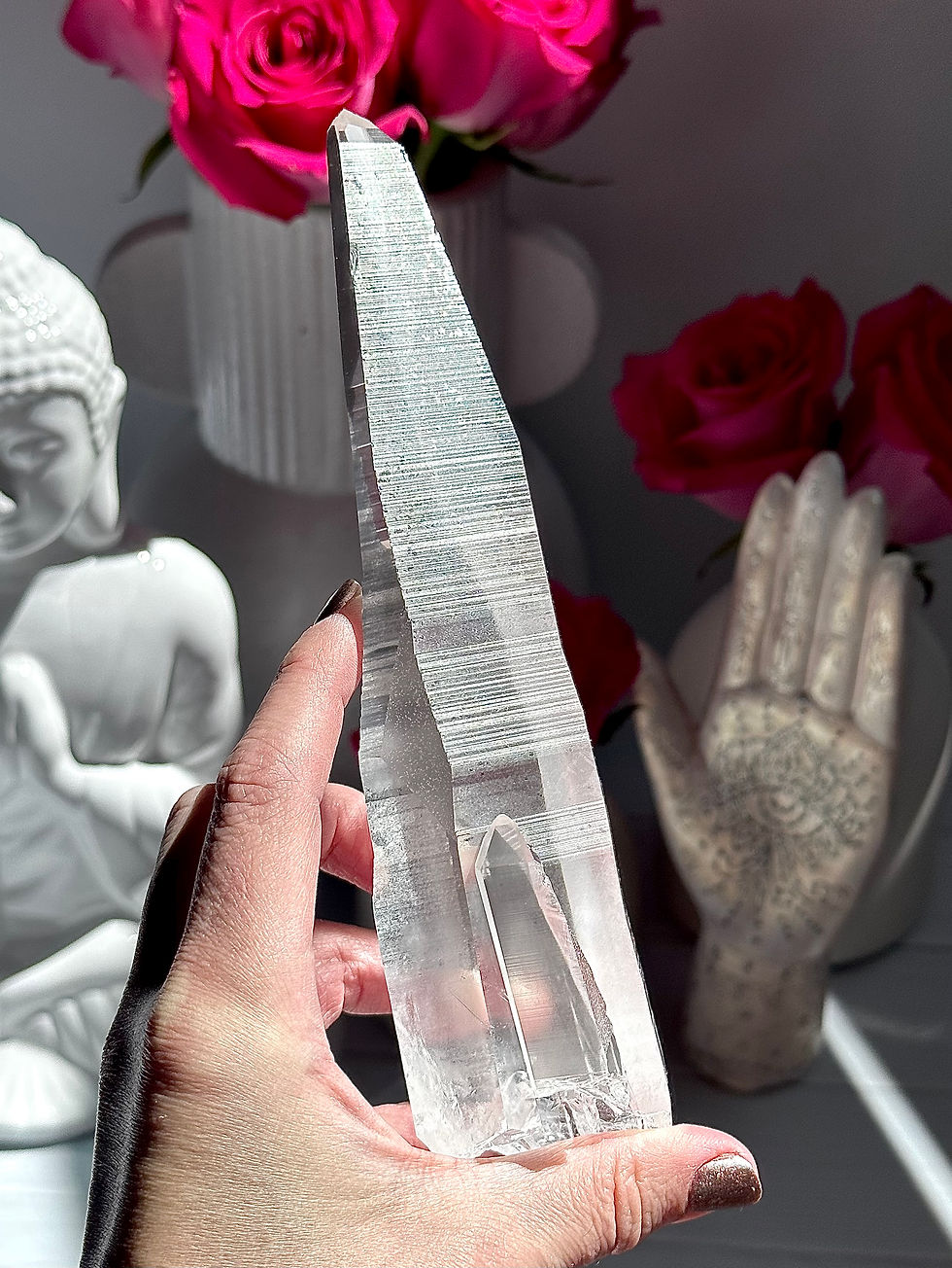 Thumbnail: 7.8” TOP Quality LEMURIAN Quartz Point with Incredible Clarity  Linear Ridges