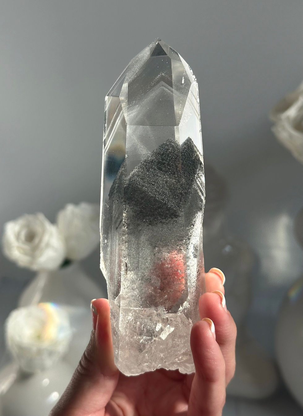 Thumbnail: 5.4” RARE Black Tourmaline Phantom Lemurian Quartz Point with 3D Phantom Layers 