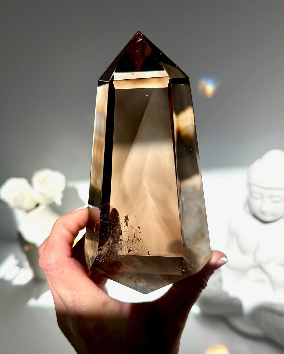 Thumbnail: 6.5” Double Terminated Smoky Quartz Point with Rainbow - Stand Included