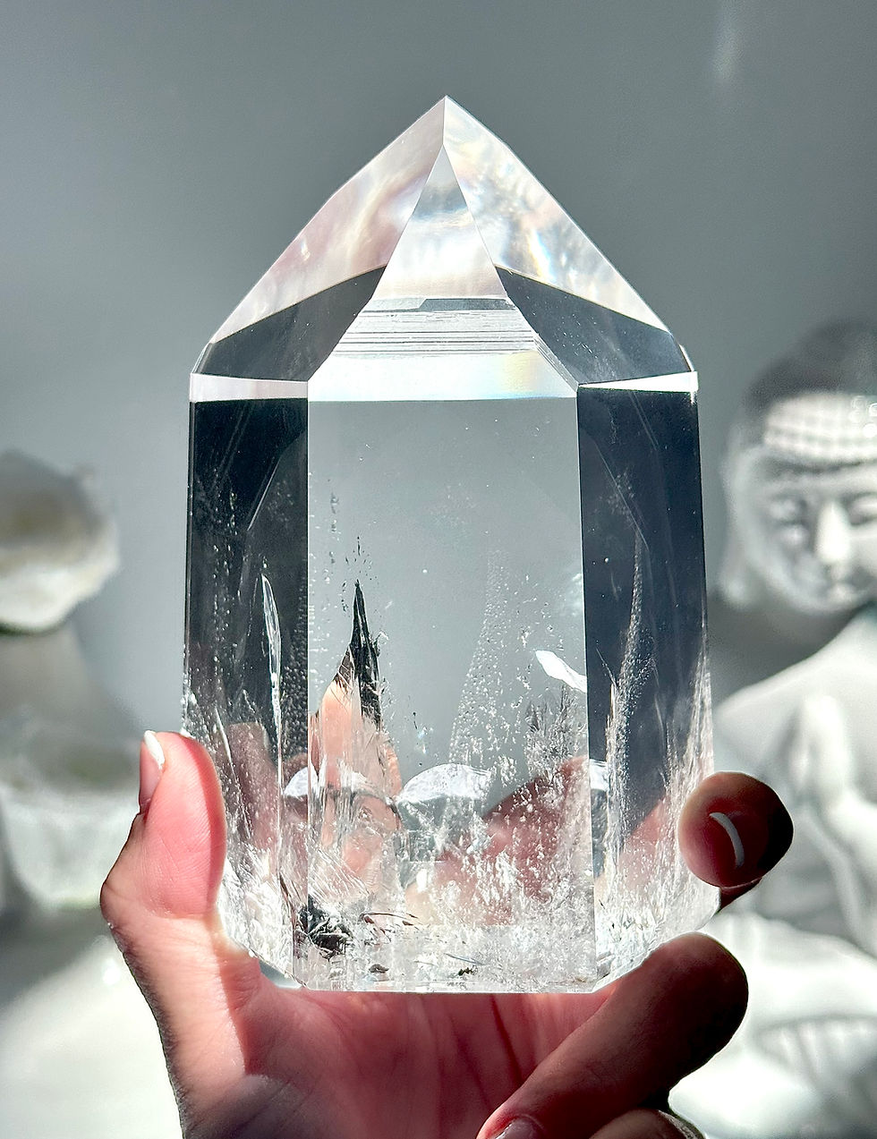 Thumbnail: 5.0” 1.09kg Lemurian Quartz Point with 3D Phantom, Dow Trans Channeler, Rainbow