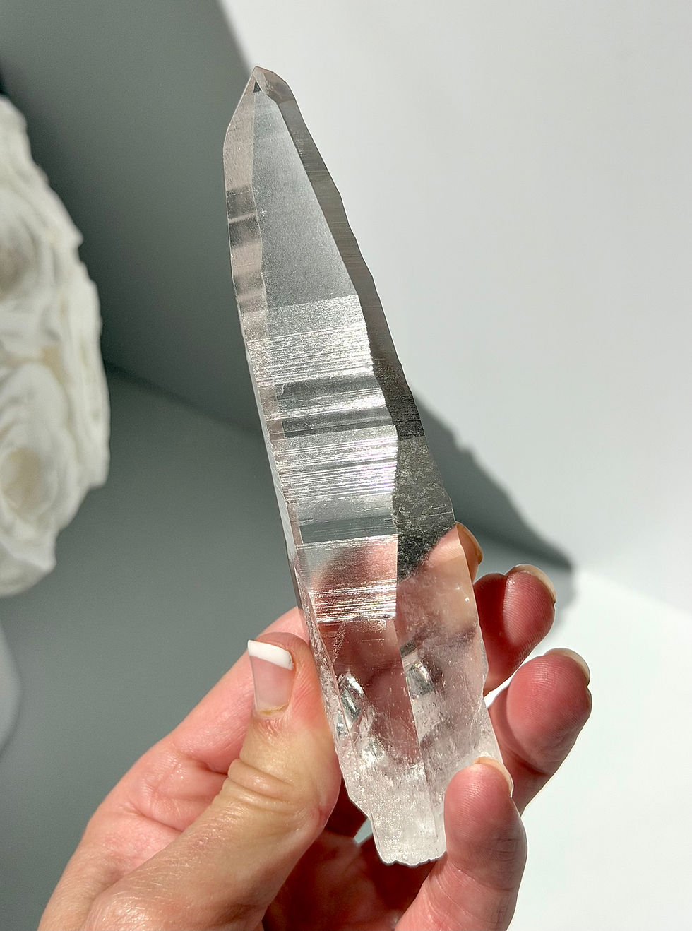 Thumbnail: 4.9” High Quality Lemurian Quartz Point with Deep Linear Ridges and Rainbow