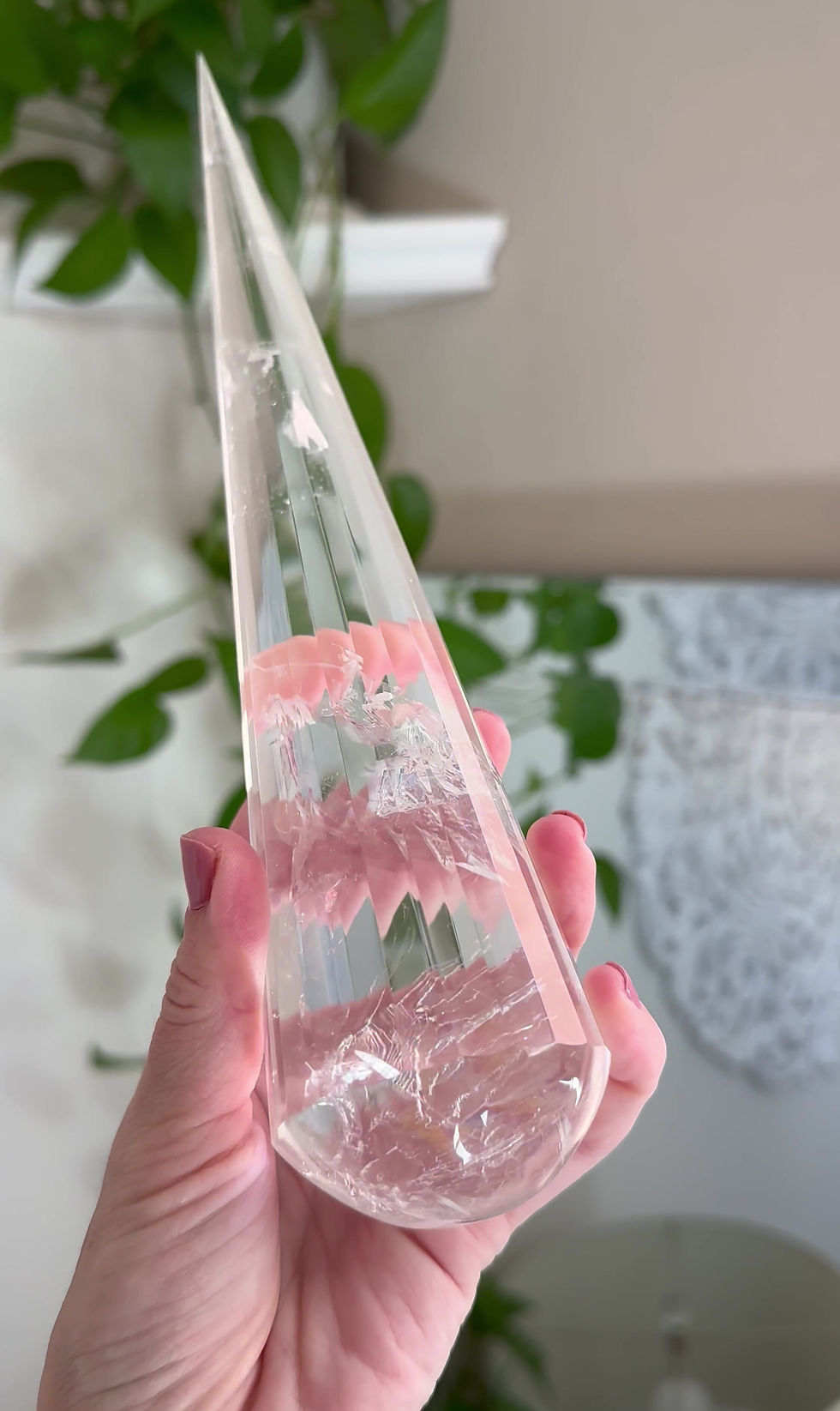 Thumbnail: 10.75” Otherworldly Faceted Lemurian Quartz Wand with Rainbow - Stand Included