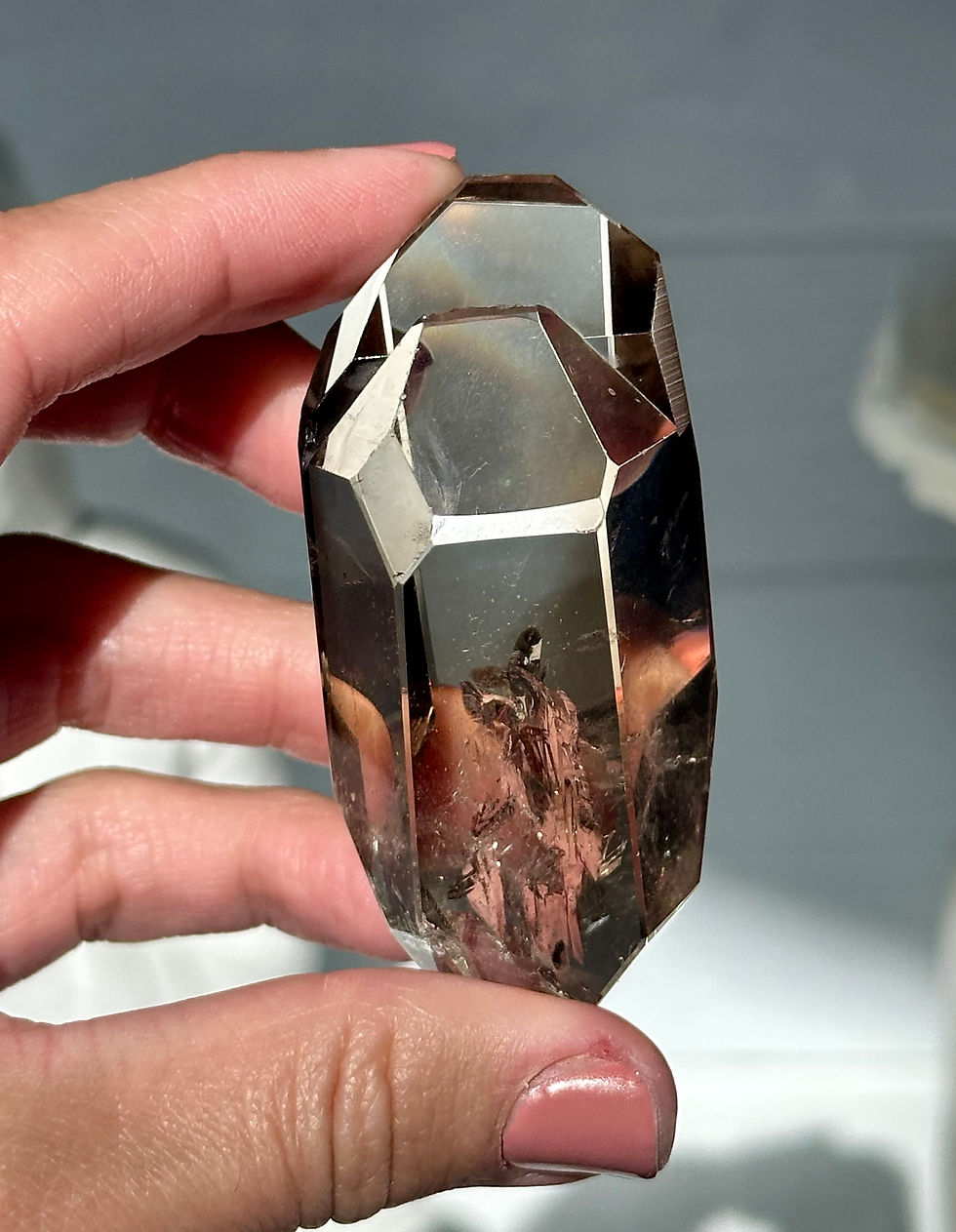 Thumbnail: 2.7” DT Smoky Lemurian Twin Point with Window, Isis Face and Rainbow