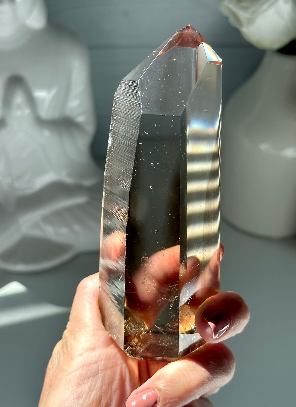 Thumbnail: 4.9” Smoky Lemurian Quartz Point with Deep Linear Ridges - Minas Gerais, BraziL