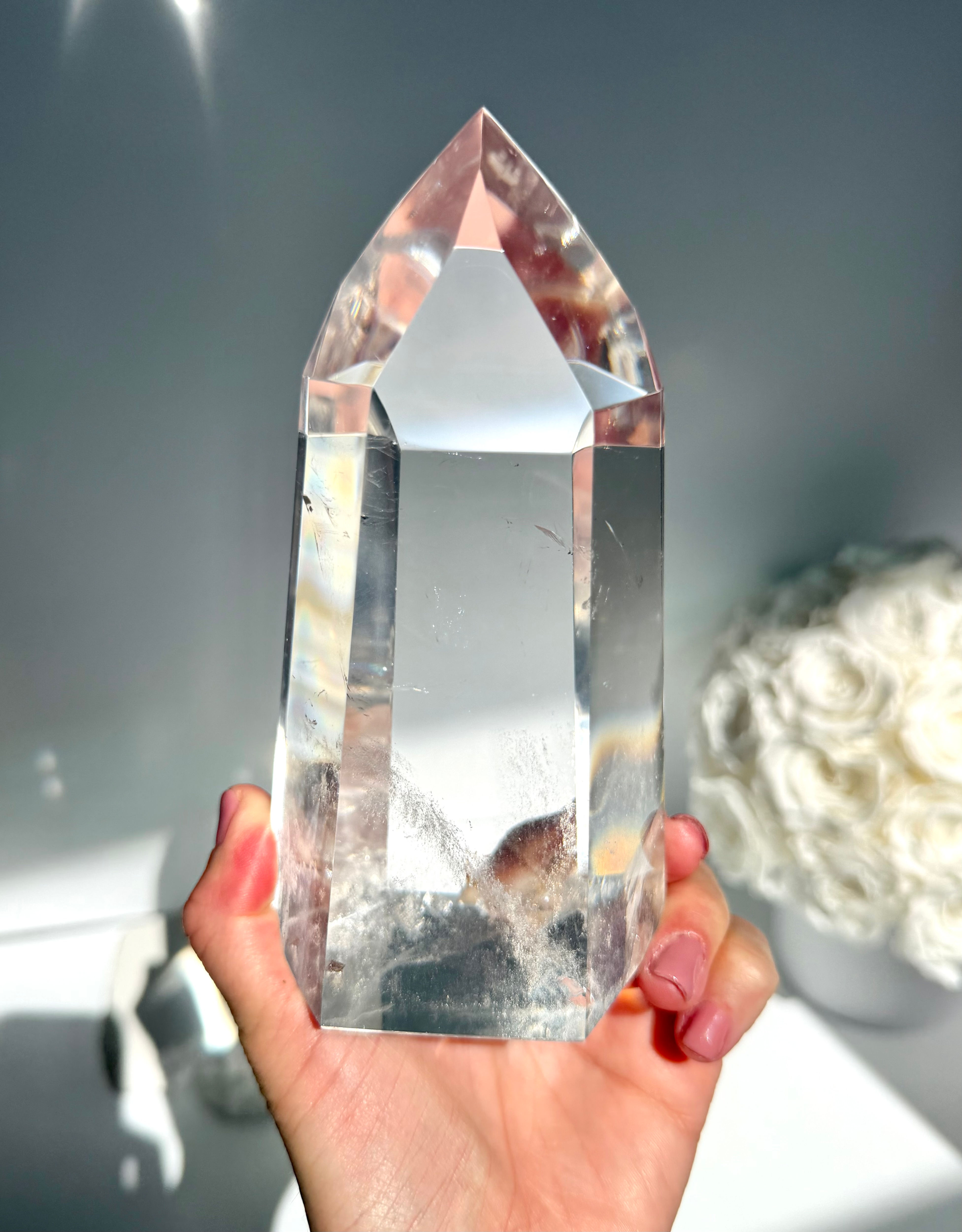 5.9” 1kg Lemurian Quartz Point w/ Great Clarity and Rainbow - Brazil