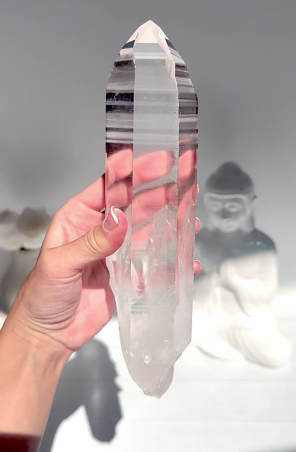 Thumbnail: 9.1” Extra Quality Optical Lemurian Quartz Point w/ Mountainscape Etchings