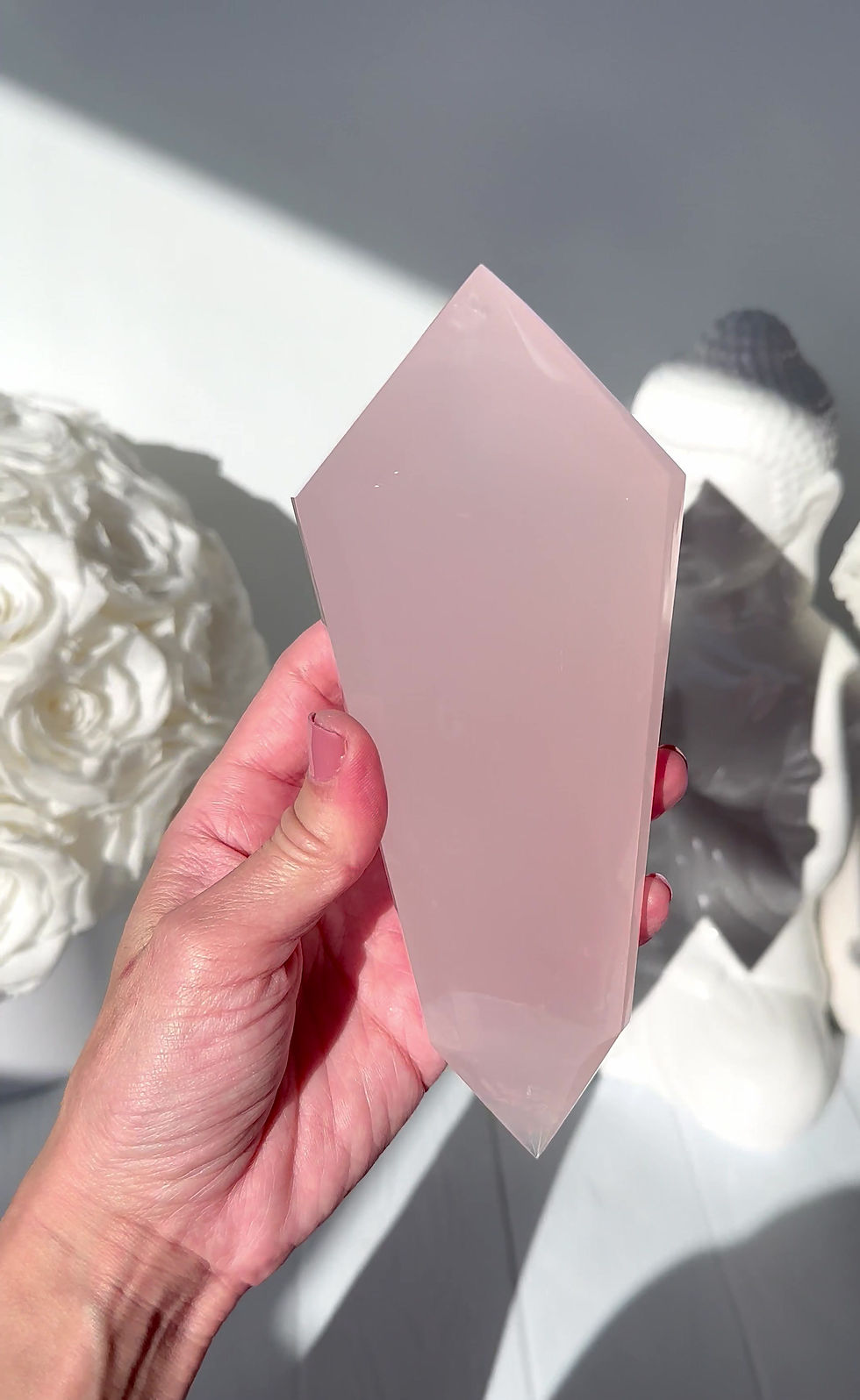 Thumbnail: 6.9” Double Terminated Rose Quartz Wand - Brazil