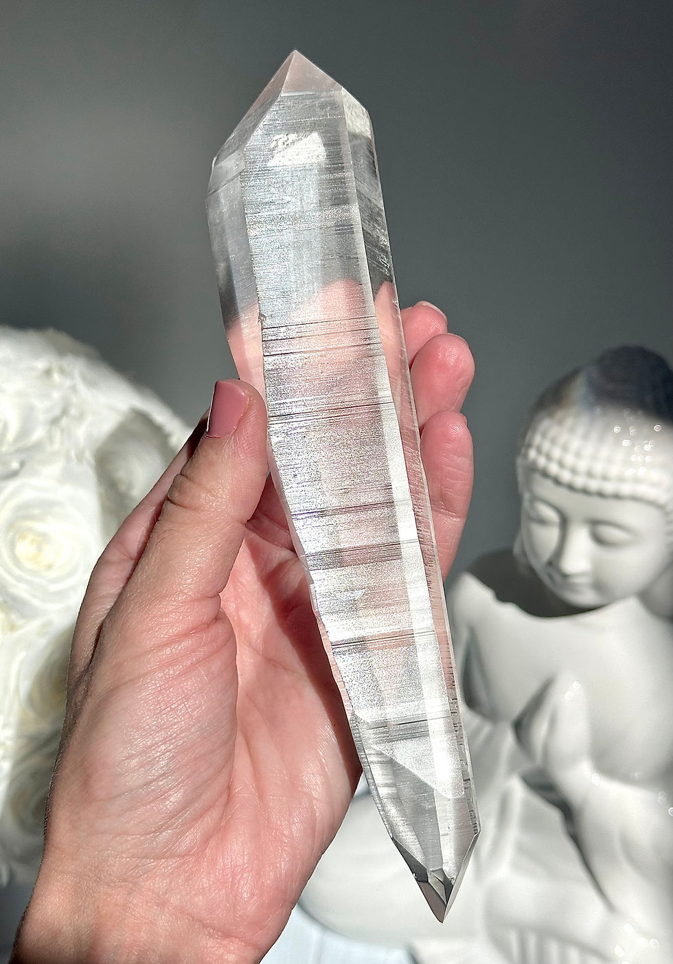 Thumbnail: 7.6” High Quality DT Lemurian Quartz Point with Isis Face, Linear Ridges