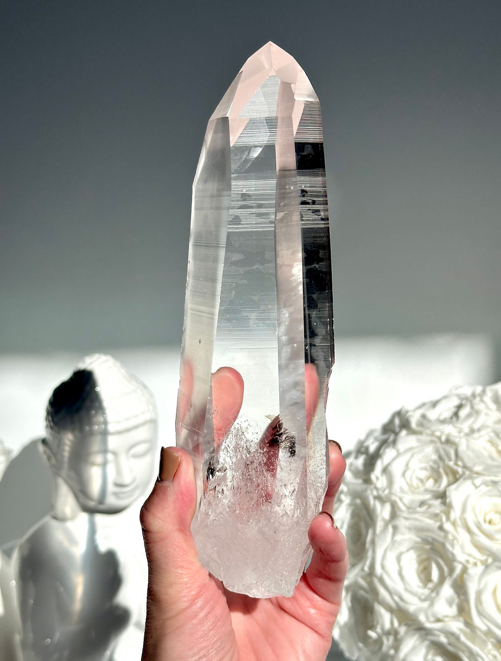Thumbnail: 7.9” Lemurian Quartz Point with Faint Phantom, Blue Needles, Glyphs