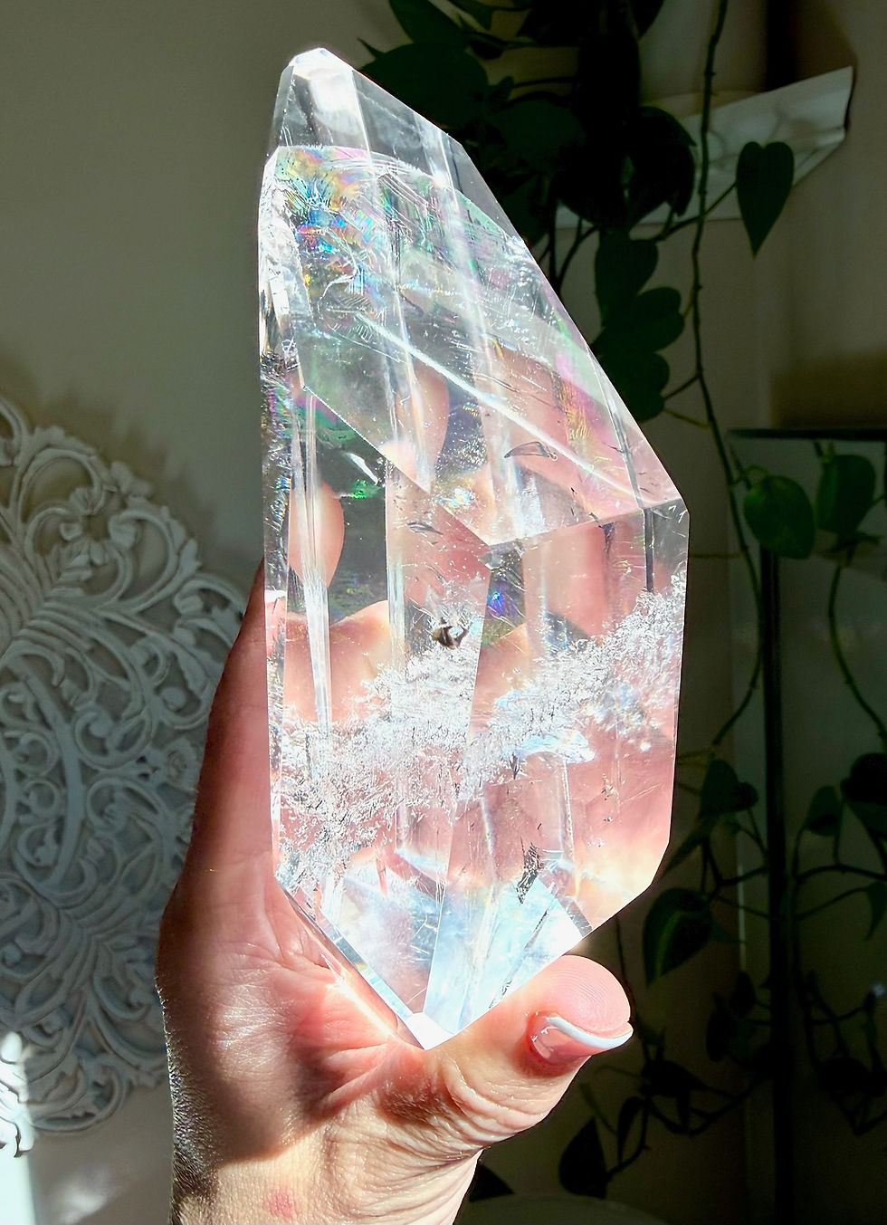 Thumbnail: 5.9” XL Lemurian Quartz Faceted Free Form with Large Rainbow - Brazil
