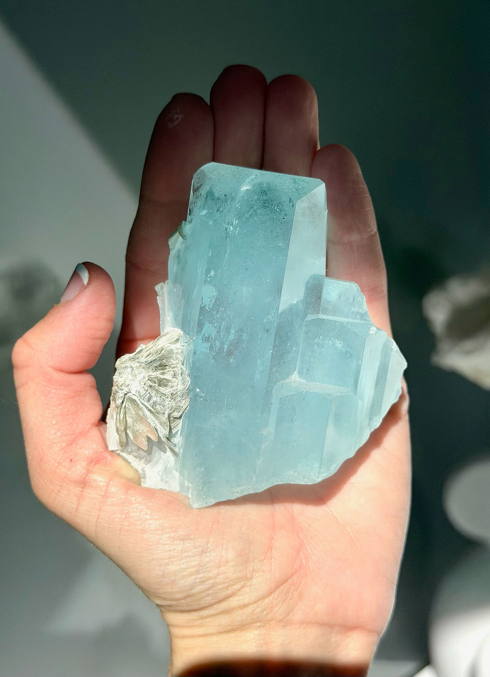 Thumbnail: 3.0”, 224g Aquamarine Cluster with Muscovite Inclusions - Stand Included