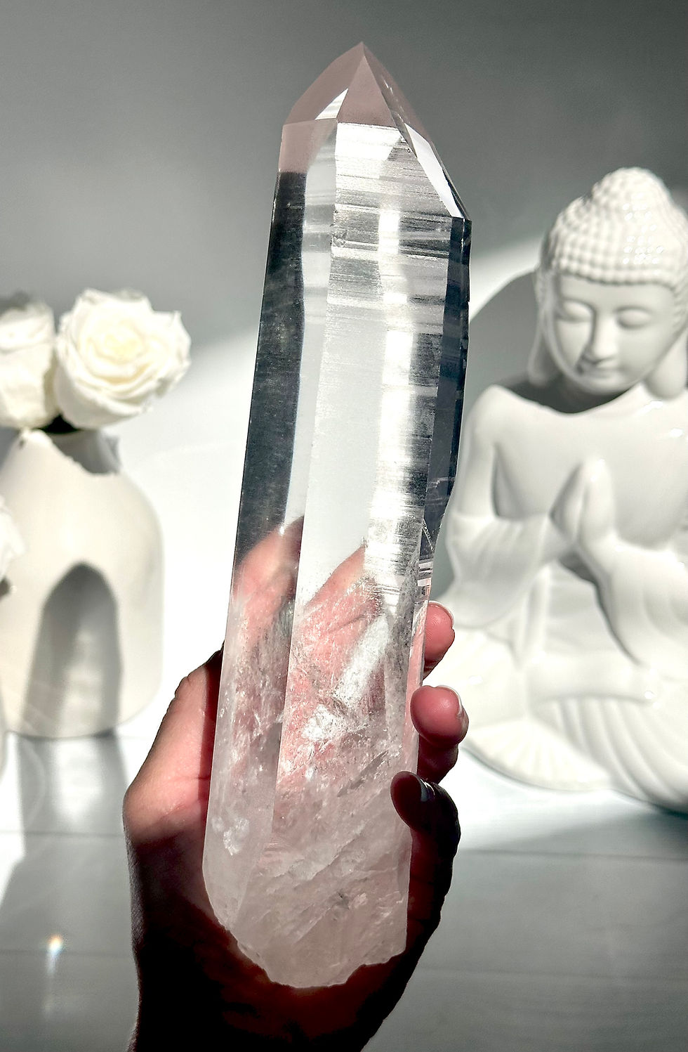 Thumbnail: 9.1” Extra Quality Optical Lemurian Quartz Point w/ Mountainscape Etchings
