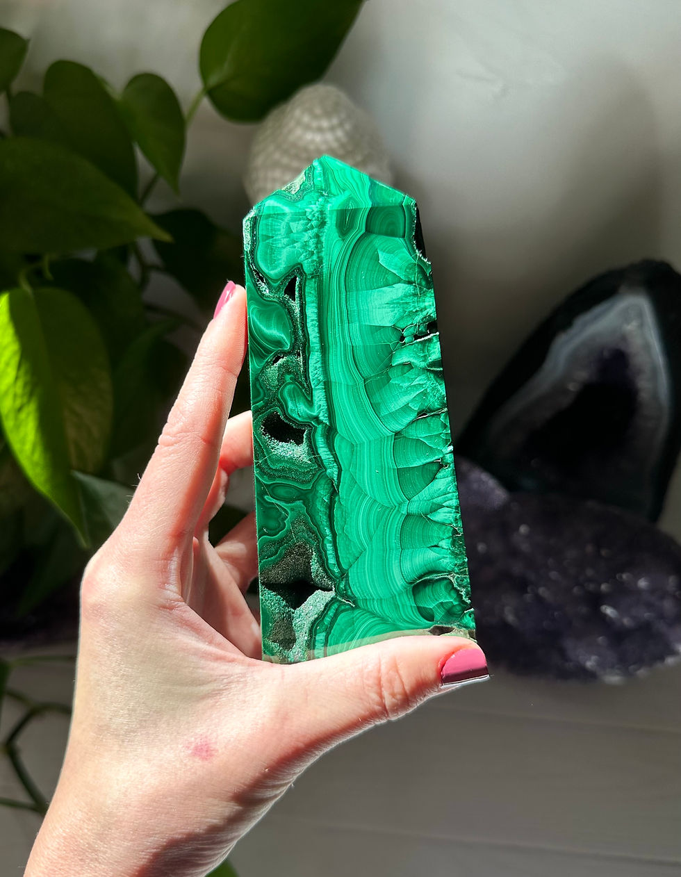 Thumbnail: 5.1” Gorgeous Malachite Tower with Druzy Inclusions - Transformation