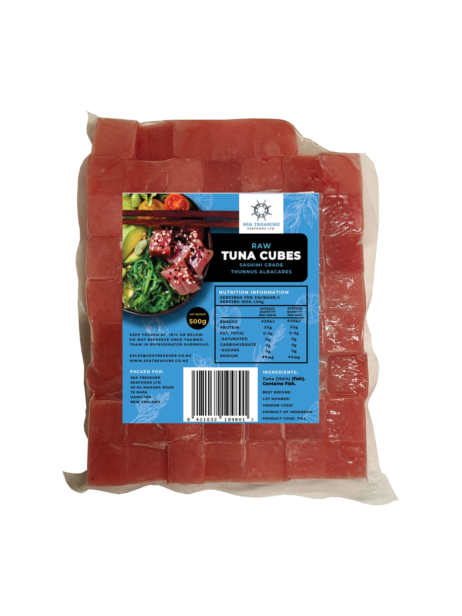 Raw Tuna Cubes AA IQF Skinned & Boned 2cm Cubed - 10 x 500 gram