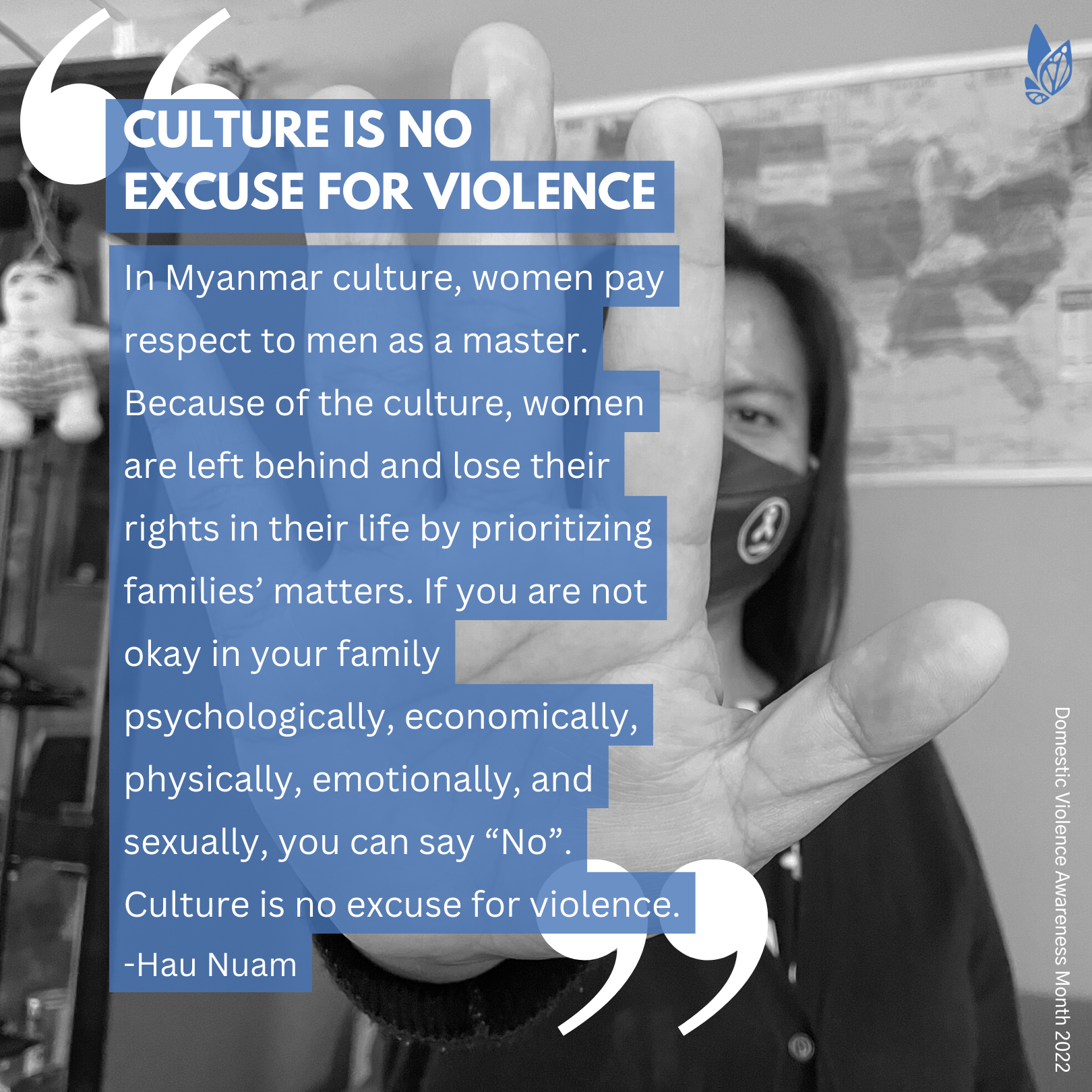 A graphic with the text 'Culture is no excuse for violence' against a blurred background of the same image.