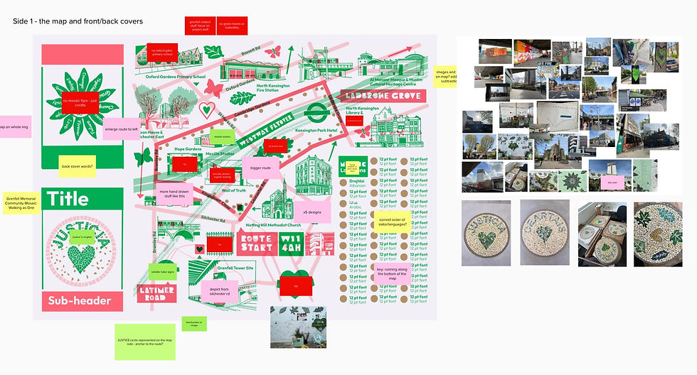 Mural board overview showing research photos and a first iteration of the map.
Walking as One for Grenfell
Designer/Illustrator: Peter Morey