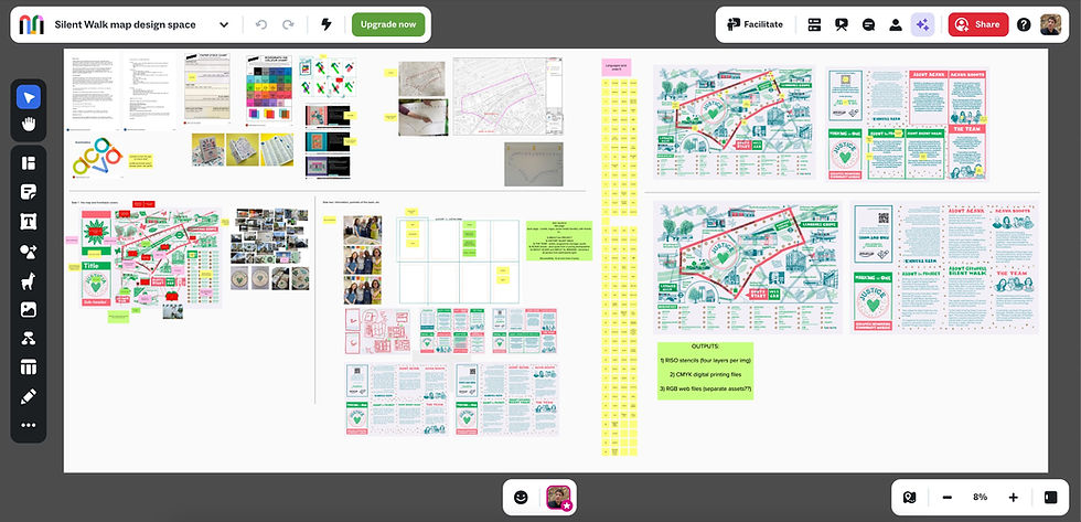 Overview of a Collaborative Mural board used to design a map of the Grenfell Memorial Community Mosaic/s, which were set as paving slabs along the Grenfell Silent Walk route. Project dates from 2022 and was commissioned by ACAVA. Design and Illustration by Peter Morey Illustration.