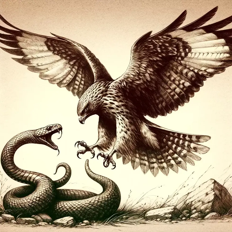 Depiction of a harrier hawk attacking an asp.