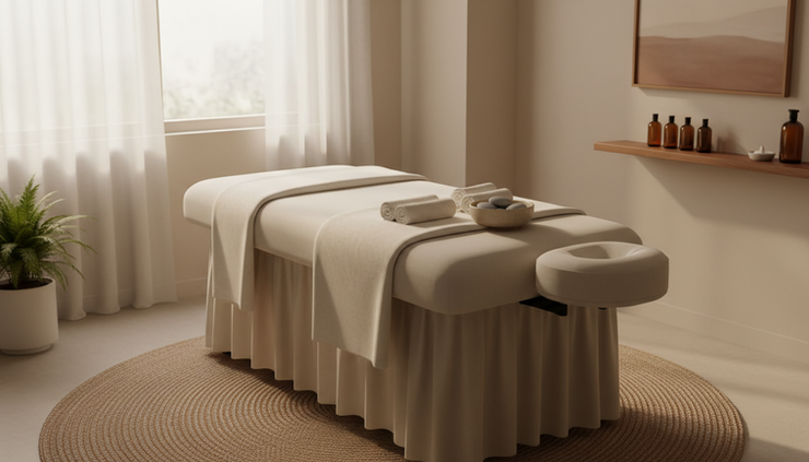 Wide-angle view of a calm massage room with soft towels and warm lighting.