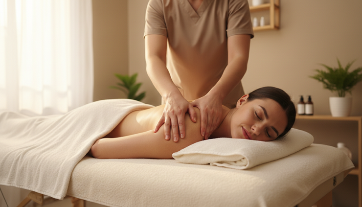 Eye-level view of a massage therapist adjusting pressure on a client's shoulder.