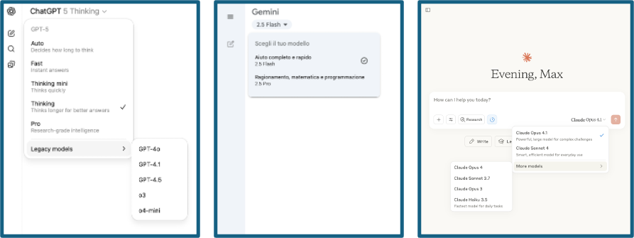 Three UI images: ChatGPT options with models listed, Gemini model selection, and a greeting screen with model options in Claude.