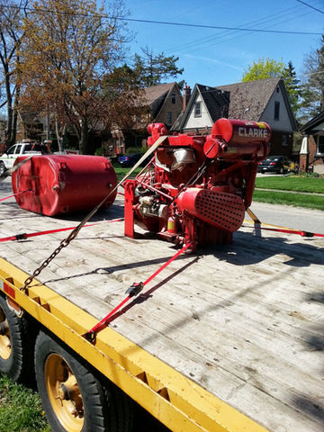 Red Engine on Flatbed Trailer