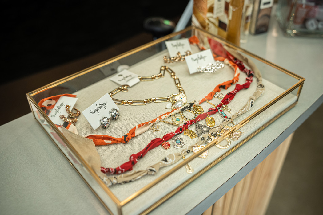Jewelry display inside Oxana Salon Hendersonville, offering boutique retail items at this luxury hair salon in Hendersonville TN.