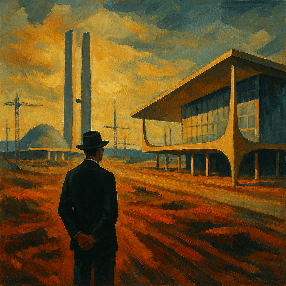 Homem de terno escuro e chapéu observa, de costas, a construção de Brasília ao entardecer; à frente, estruturas modernistas como o Congresso Nacional e o Palácio do Planalto emergem do solo avermelhado do cerrado sob um céu dramático em tons alaranjados e azulados, em estilo pictórico dos anos 1950.