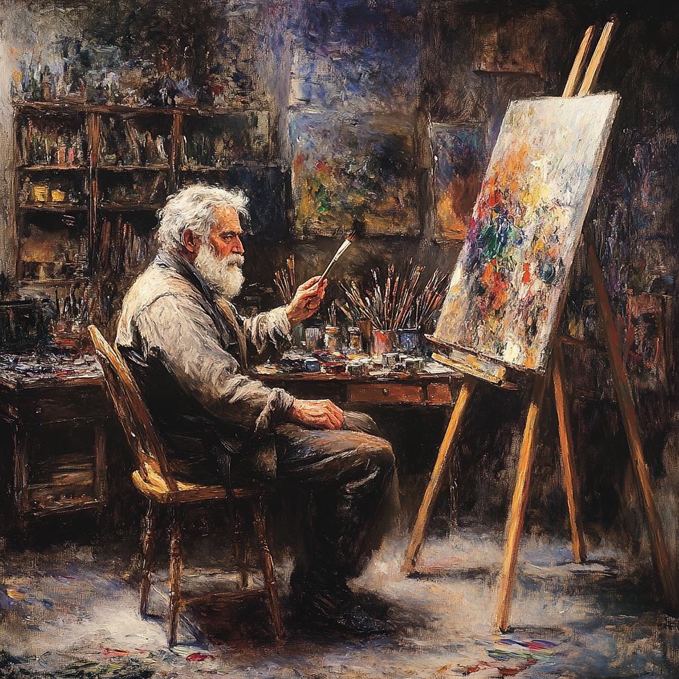 Retrato de Pierre-Auguste Renoir pintando em seu ateliê