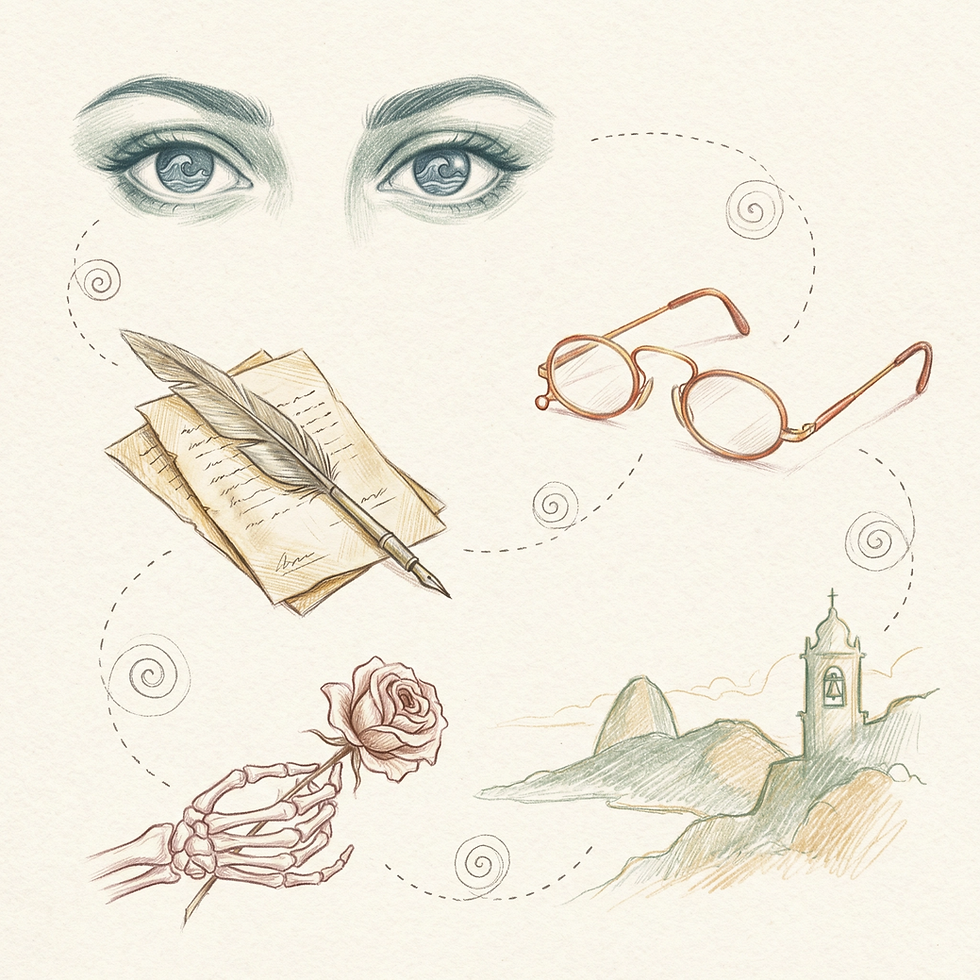 Ilustração a lápis de cor sobre papel creme com elementos simbólicos de Machado de Assis: olhos de ressaca de Capitu, pena e pergaminho, pince-nez, mão esquelética de Brás Cubas com rosa e morros do Rio de Janeiro.