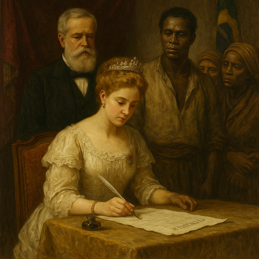 Princesa Isabel, vestida em traje branco imperial, assina solenemente a Lei Áurea com uma pena sobre uma mesa coberta por tecido dourado. Ao fundo, figuras negras observam em silêncio, com expressões de expectativa e dor contida, enquanto um homem branco de barba grisalha permanece ao lado da princesa. A iluminação suave e os tons terrosos evocam o estilo clássico da pintura acadêmica do século XIX, transmitindo a solenidade e a complexidade do momento histórico.