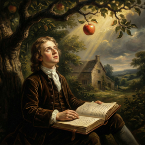Uma ilustração artística de Isaac Newton sentado sob uma macieira, olhando para uma maçã que cai, com uma expressão de profunda contemplação e descoberta.
