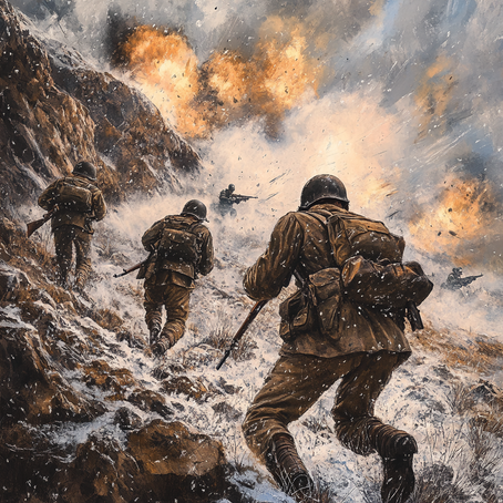 Soldados da FEB avançam na neve durante a batalha de Monte Castello nos Apeninos italianos em 1945