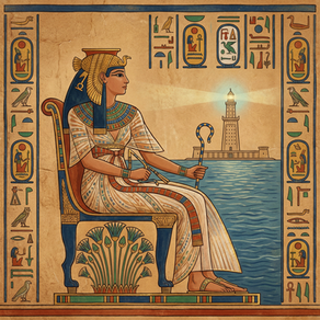 Retrato digital de Cleópatra, a última rainha do Egito, com um olhar sereno e poderoso, adornada com joias egípcias e um fundo que remete a Alexandria.