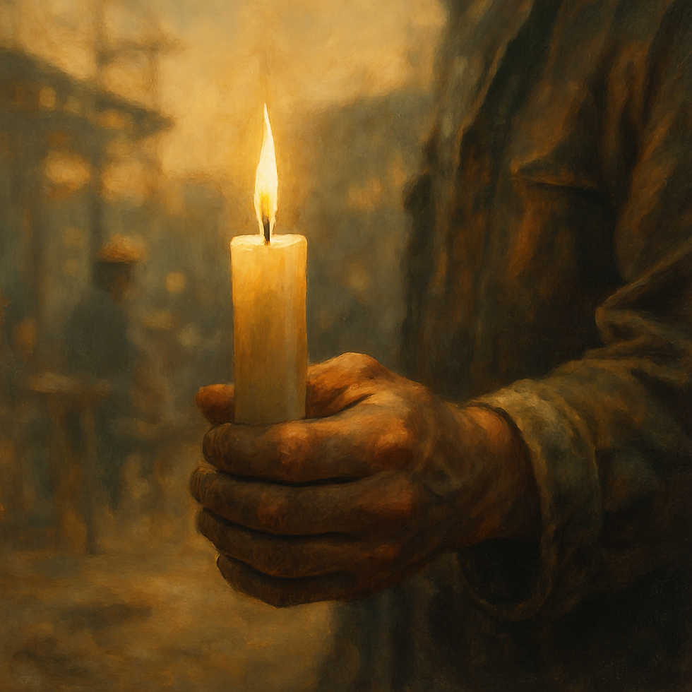 Mão de trabalhador segurando uma vela acesa, simbolizando memória e esperança no Dia Mundial da Segurança e Saúde no Trabalho, com fundo dourado de ambiente industrial desfocado.