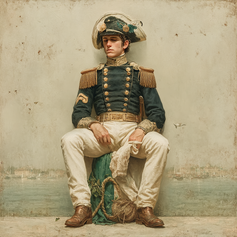 Oficial imperial minimalista com espada embainhada e ramo de oliveira, símbolo de paz, verde e dourado, romântico.