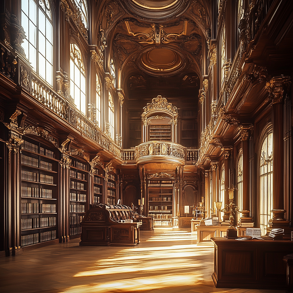 Interior da Biblioteca Nacional do Brasil com estantes antigas e livros raros.