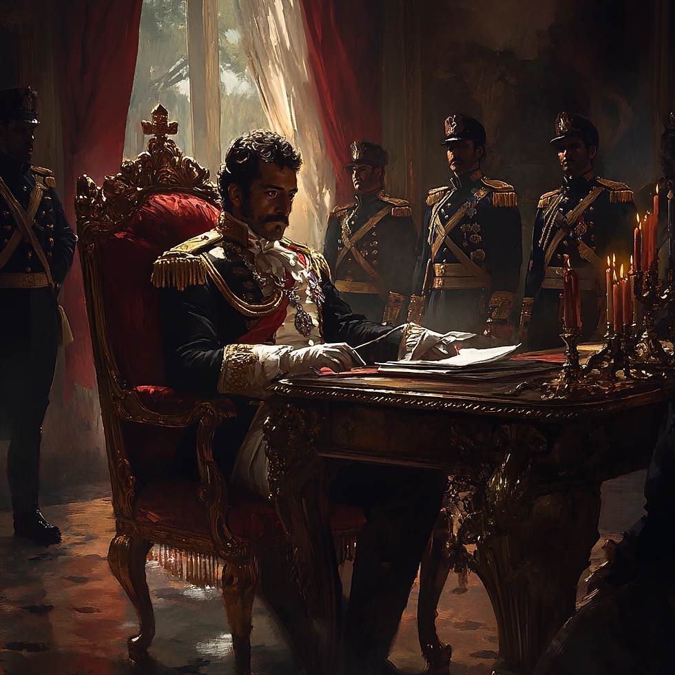Dom Pedro I assinando a abdicação em 1831, pressionado pelo exército