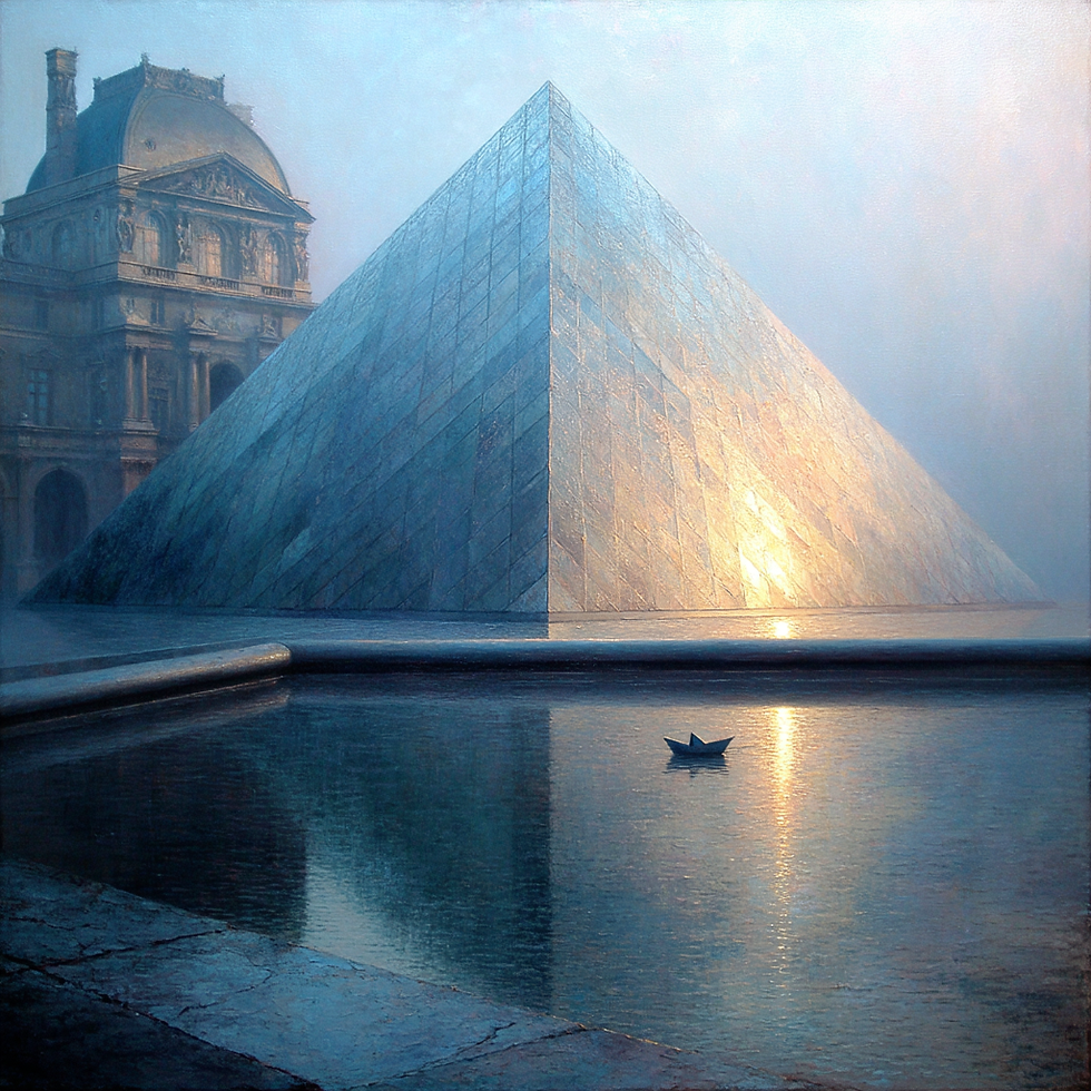 Louvre renascentista: pirâmide de vidro, ruína medieval; criança e barquinho; tons pedra, azul; onírico, memória.