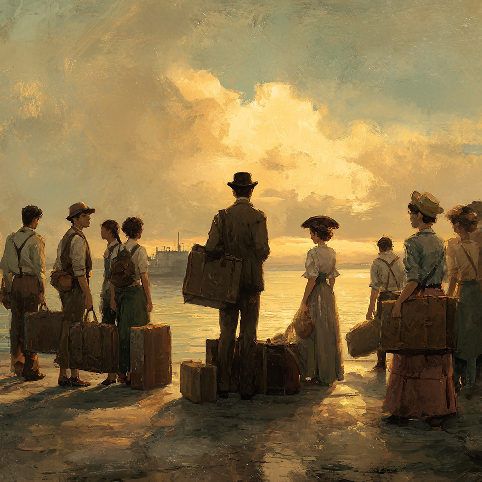 Imigrantes recém-chegados ao Brasil no final do século XIX observam o horizonte tropical no porto de Santos. Homens, mulheres e crianças de diferentes origens — italiana, japonesa, alemã e síria — carregam malas de couro e esperança no olhar, iluminados pela luz suave do amanhecer.