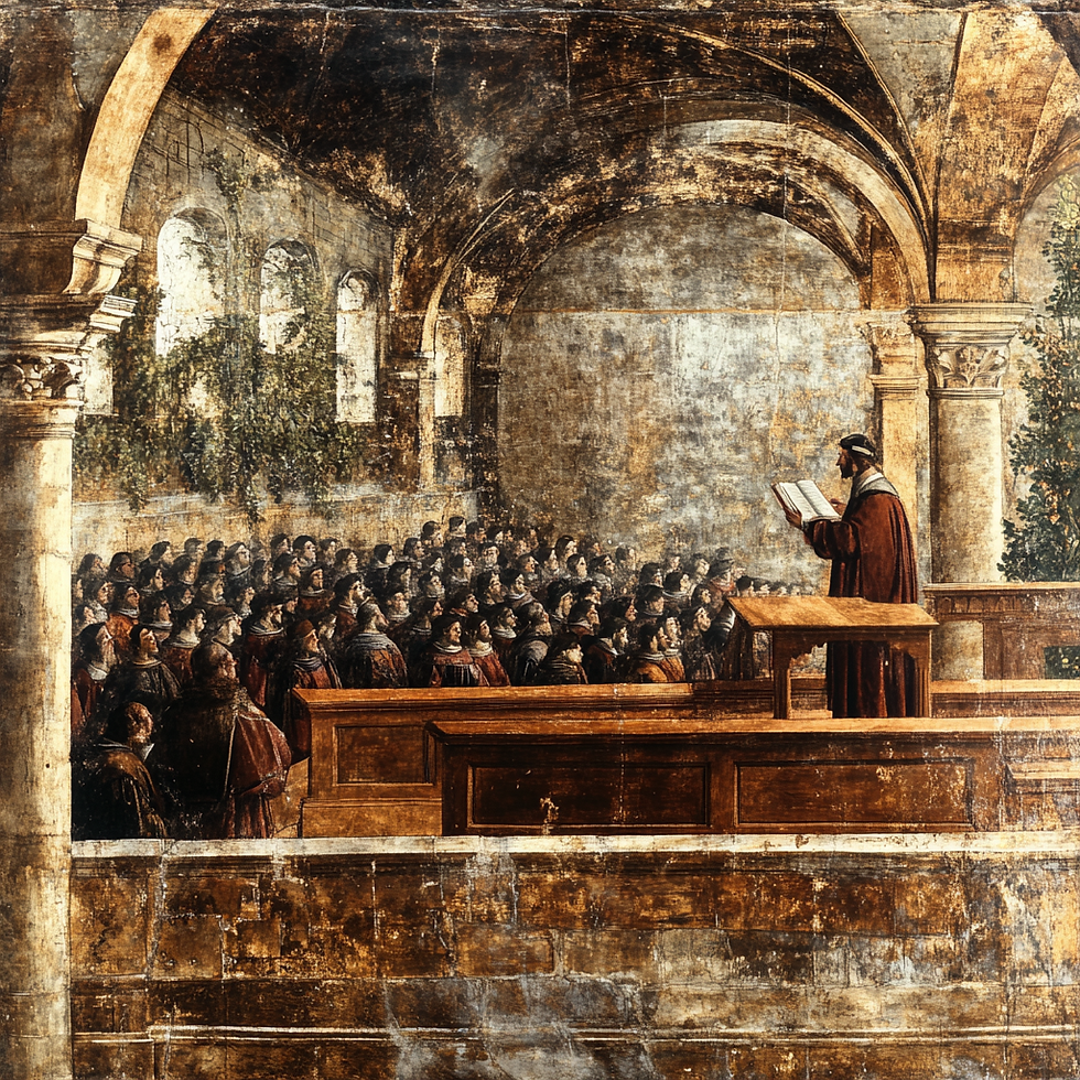 Antiga sala de estudos na Universidade de Pádua, Itália, com estudantes e professores medievais.