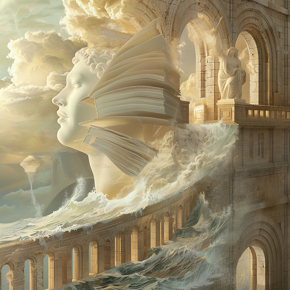 Pergaminho se transforma em luz e livros, com estátuas gregas, manuscritos medievais e arquitetura renascentista em tons suaves.