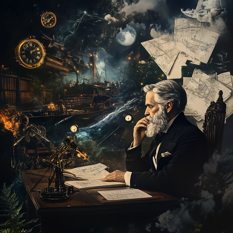 Retrato de Jules Verne com livros e invenções futuristas ao fundo