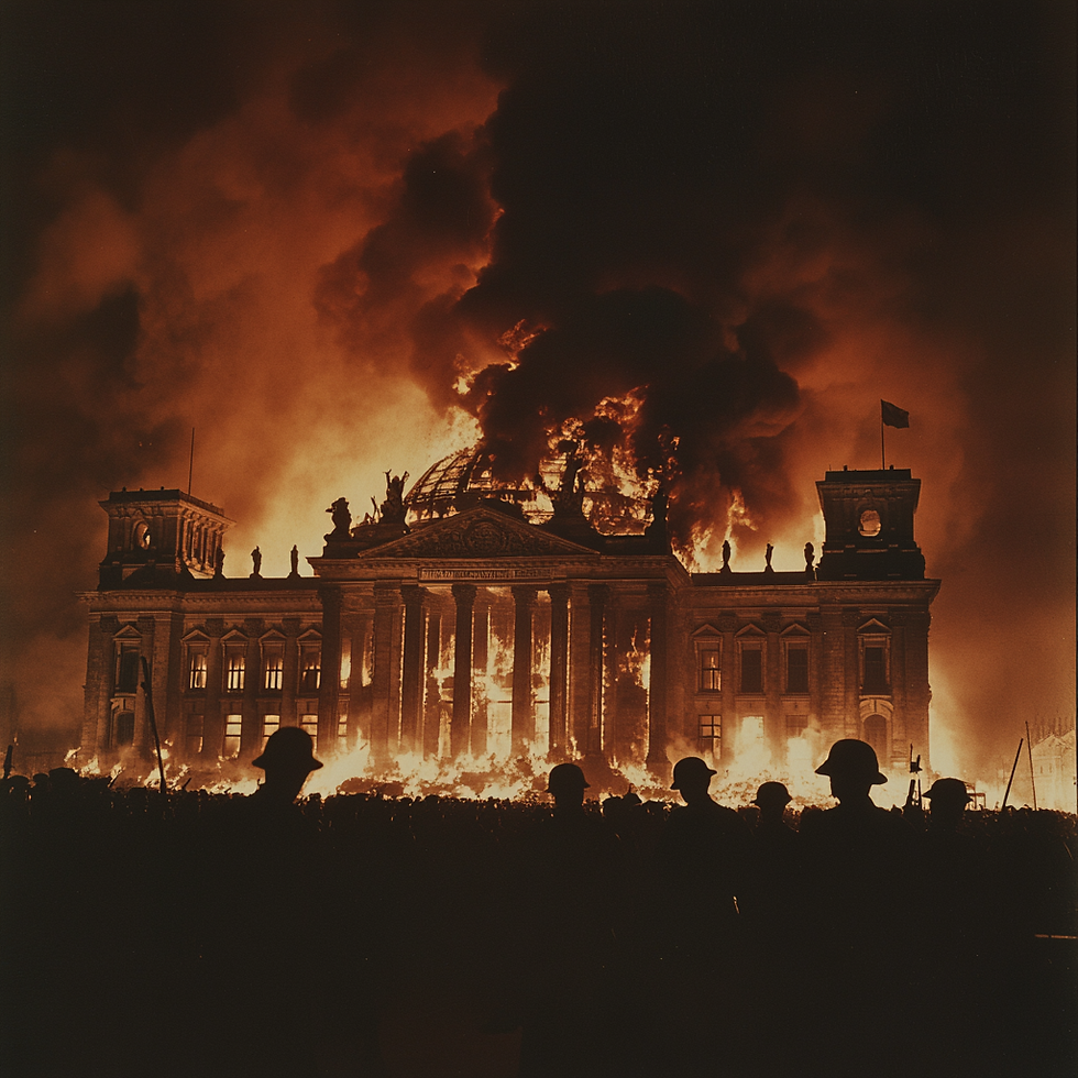 O Reichstag em chamas durante o incêndio de 1933, evento-chave para a ascensão de Hitler.