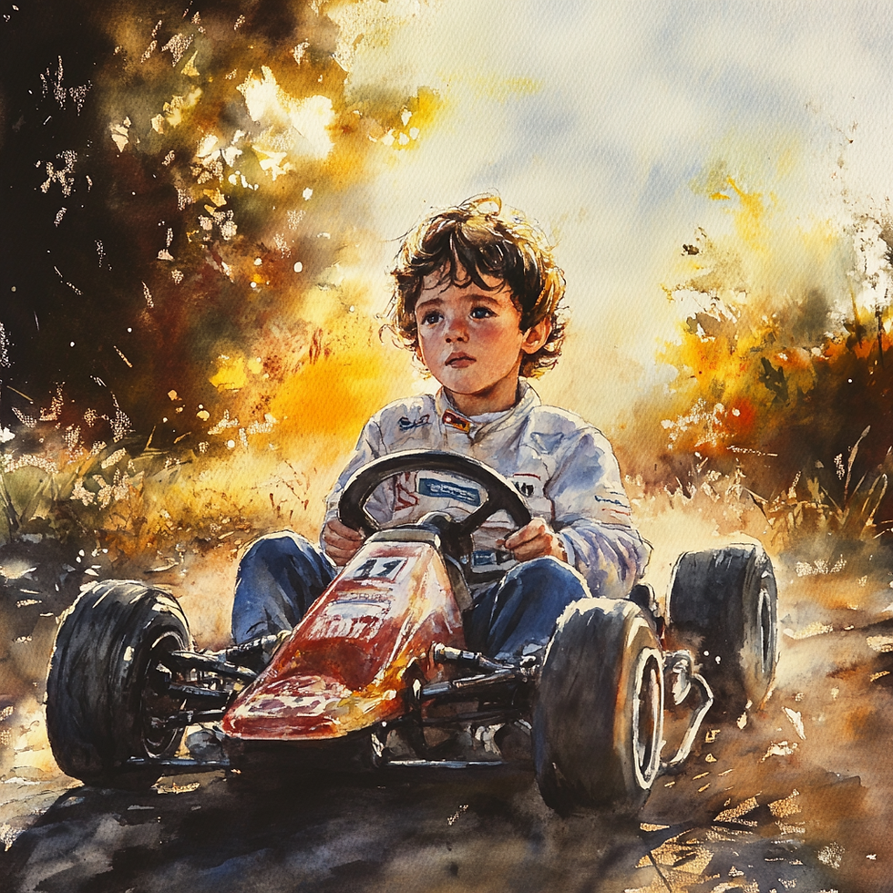 Pintura em aquarela de Ayrton Senna criança em seu primeiro kart, sob um pôr do sol dourado