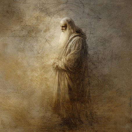 Leonardo da Vinci diante de desenhos anatômicos e diagramas celestes em ambiente renascentista com luz suave e composição contemplativa